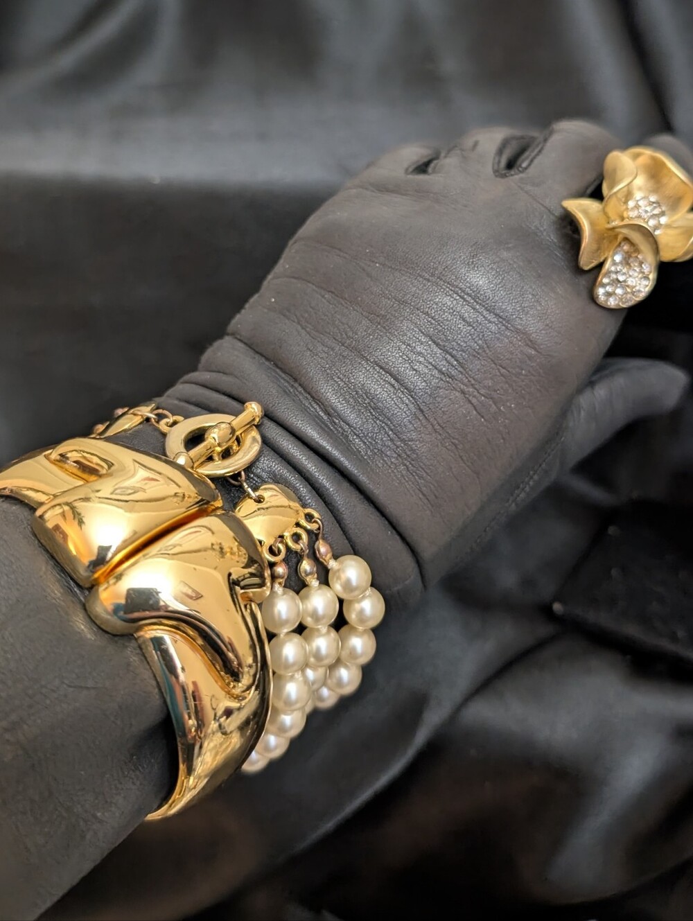 #85. Rich Girl Stack! Gold Hinged Bangle & Pearl Bracelet & Gold Ring